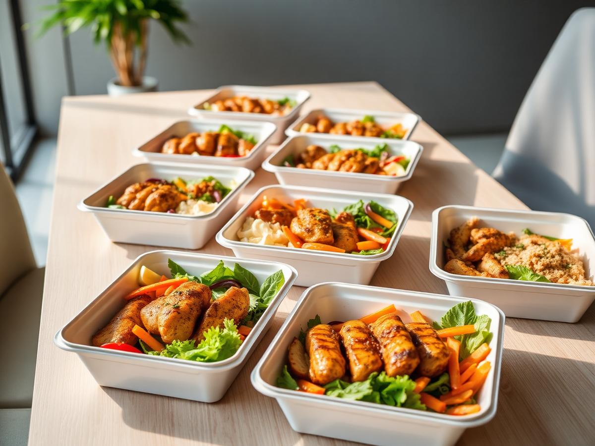 Healthy corporate meal boxes on an office table